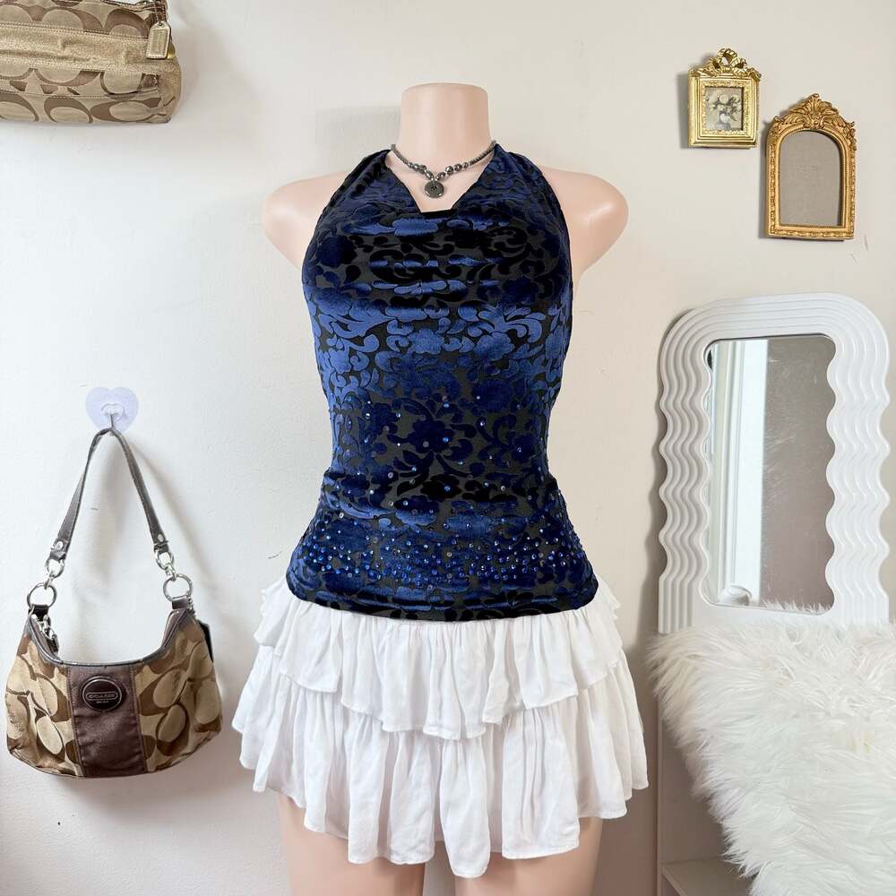 Y2K Blue Velvet Burnout Halter Top Goth Fairy Top